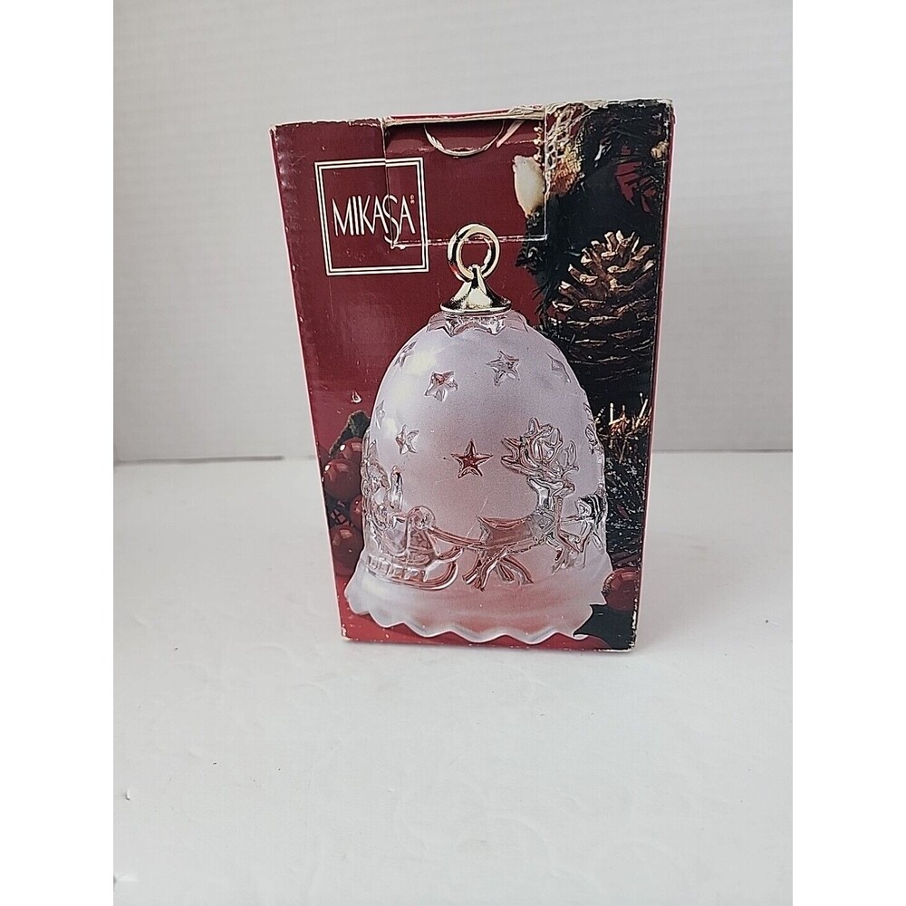 Mikasa Crystal Glass Bell Silent NIght Santa in Sleigh With Reindeers Boxed Vtg
